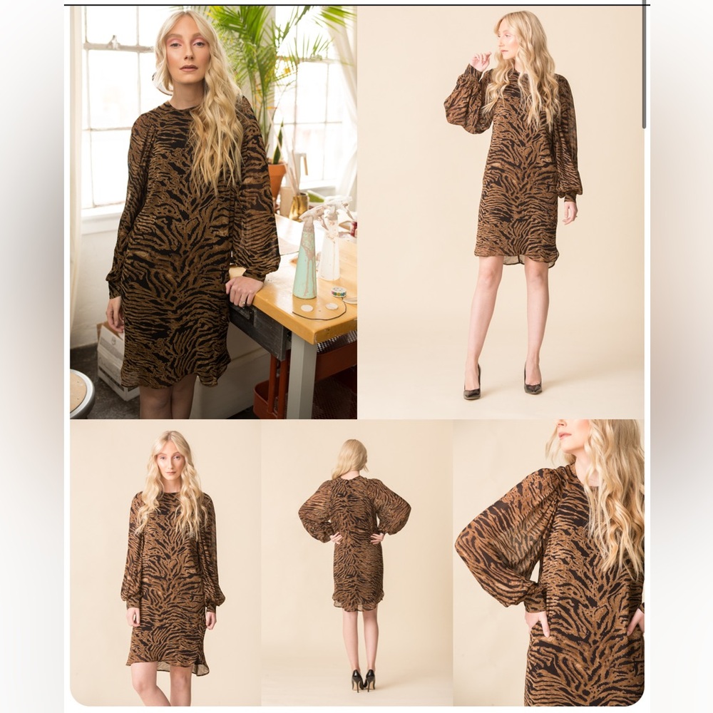 Ganni - Printed Georgette Black & Brown Tiger Patterned Dress - size 36 or US 4 - Picture 4 of 16